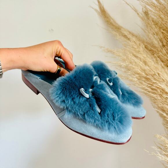 NEW AD DAUGHTER Blue Grey Rabbit Fur Flats Pointy Toe Bow Slides Mules Shoes 6.5 - Picture 4 of 14